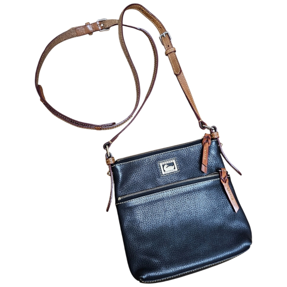 Dooney & Bourke Black and Brown Leather Dillen Letter Carrier Purse